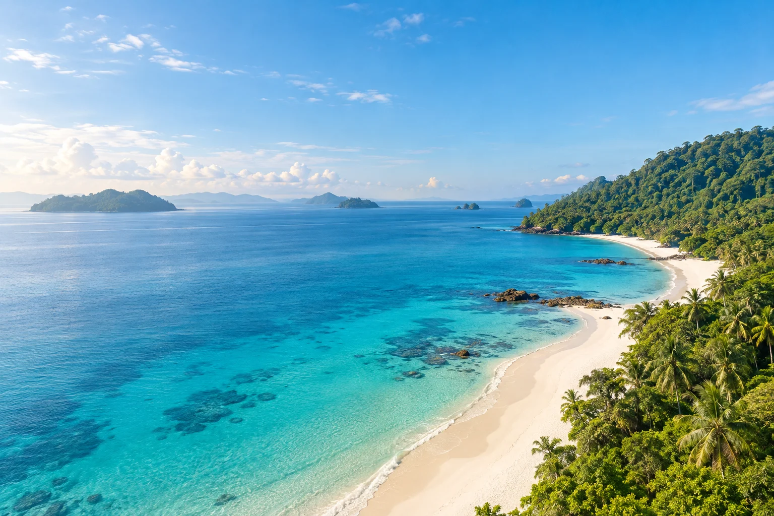 A sunlit island shoreline opening onto a wide blue horizon, illustrative travel imagery